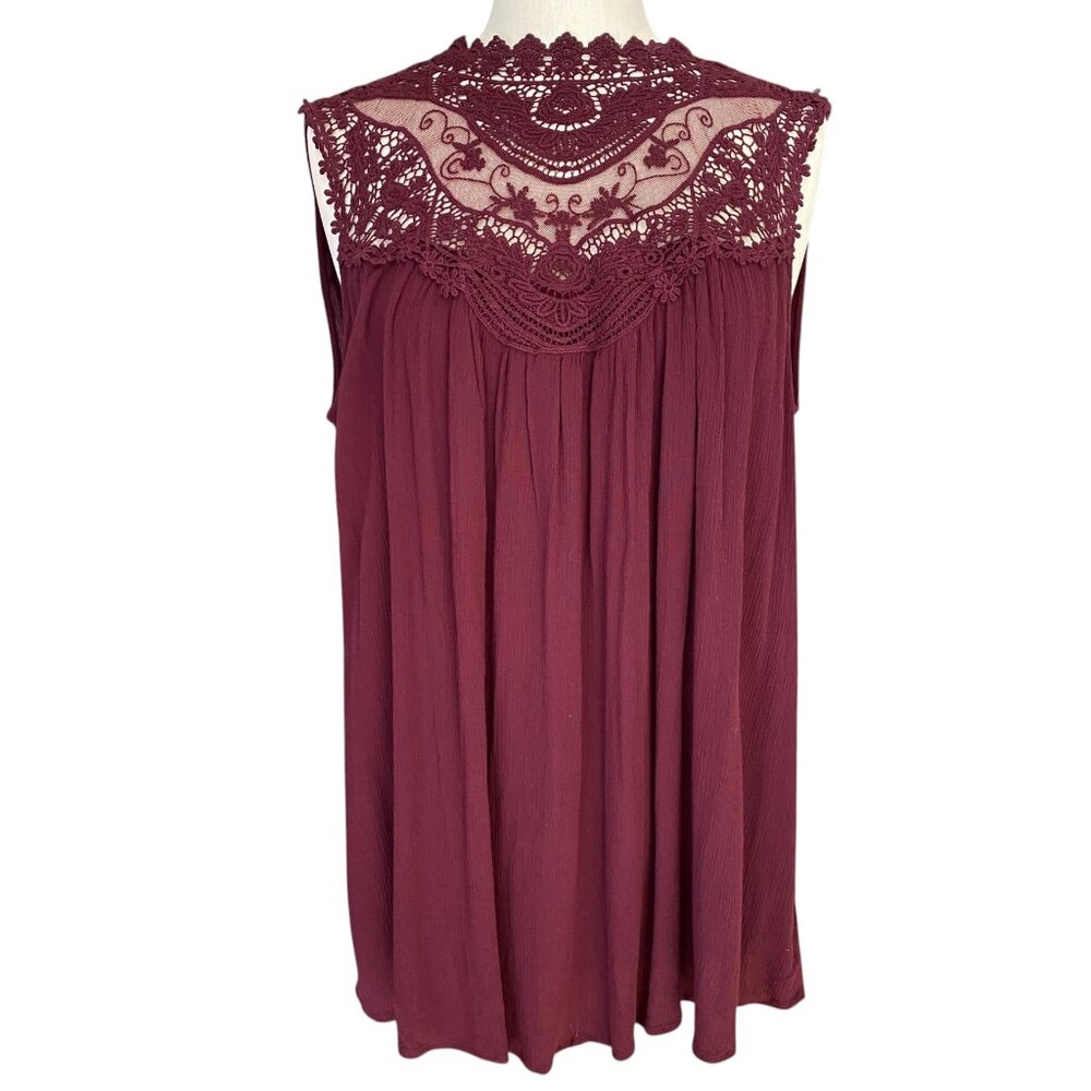 NWT Torrid Lace Yoke Sleeveless Crinkle Gauze Tank Burgundy Coquette Romantic-1X